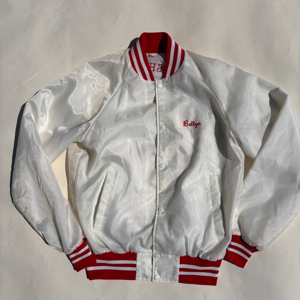 Vintage Scimitar Shrine Temple Directors Lady Satin Varsity Jacket White Red L
